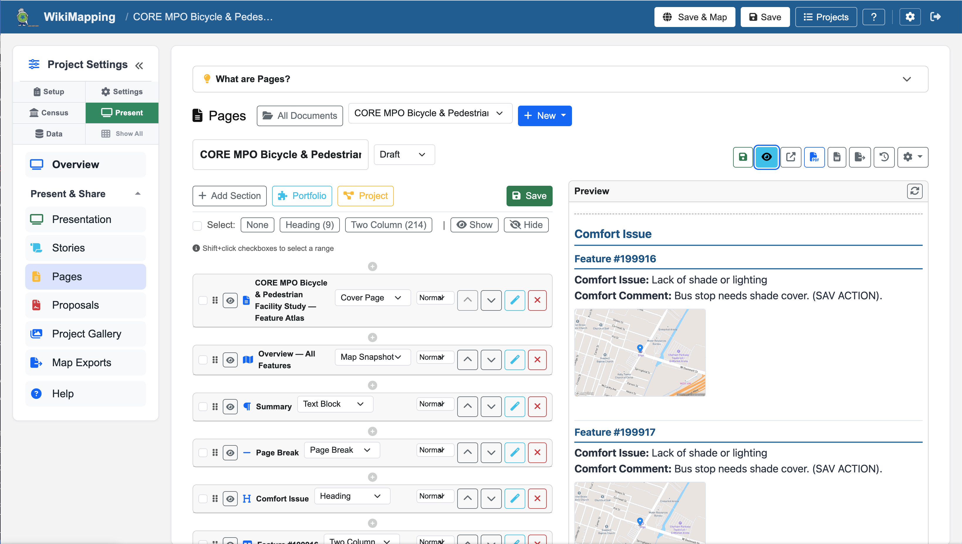 Generated feature atlas with map snapshots and survey data