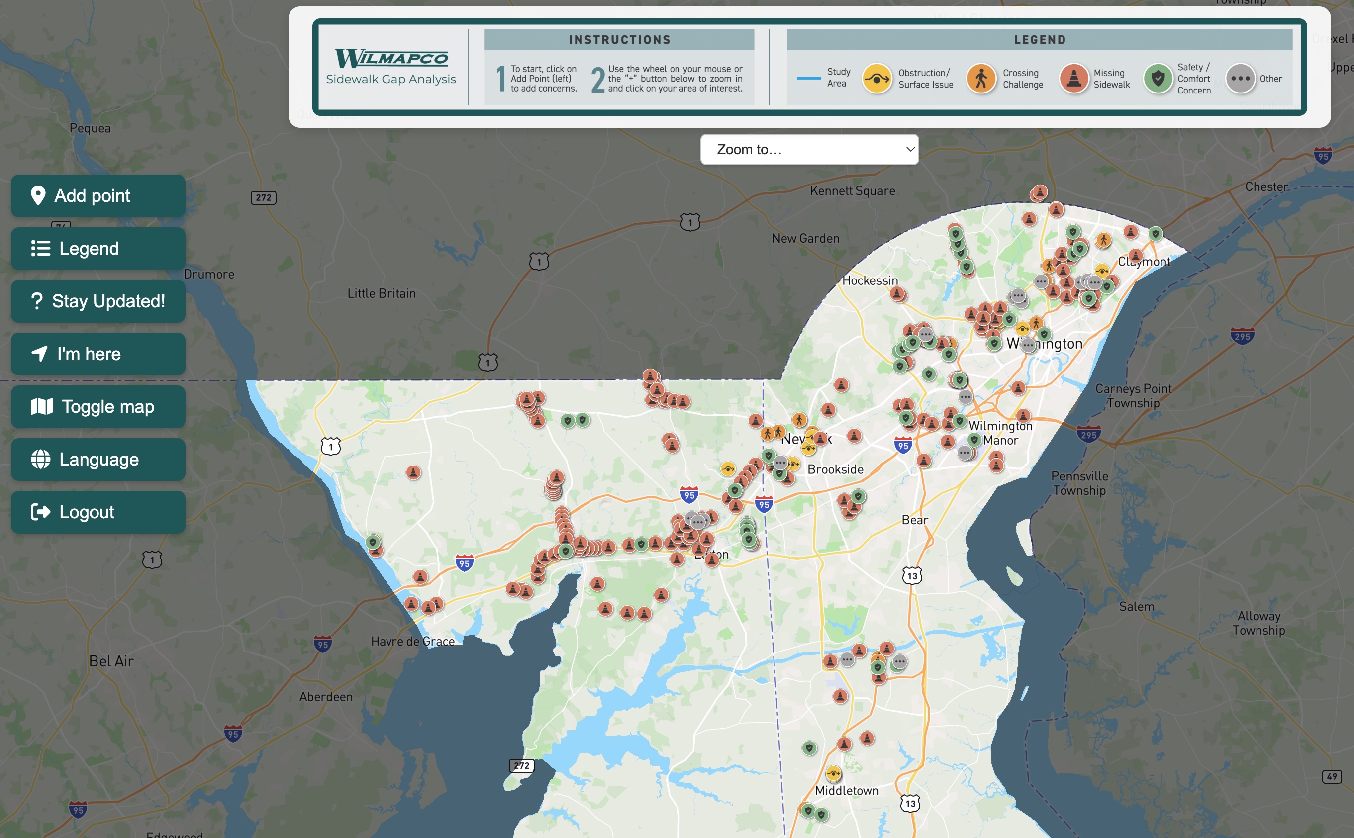 WILMAPCO sidewalk gap analysis covering Delaware
