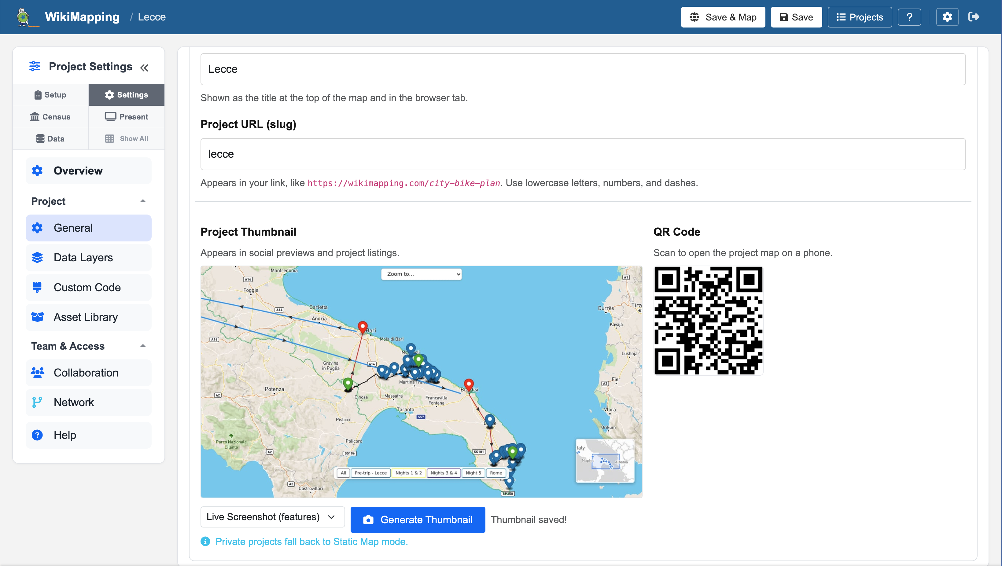 WikiMapping project editor showing Setup overview with categories and surveys